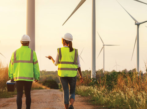 Two people wearing high vis and PPE walking through a wind turbine field at sunset