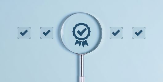 Row of check marks with a rosette in the middle and a magnifying glass focused on the rosette