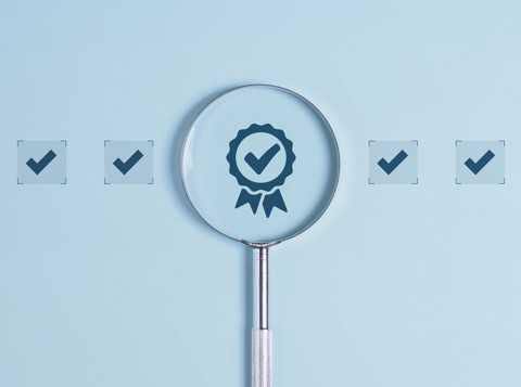 Row of check marks with a rosette in the middle and a magnifying glass focused on the rosette