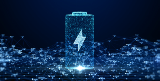 Illustrated blue battery with a blue lightening bolt in the centre on a tech related backgroundin