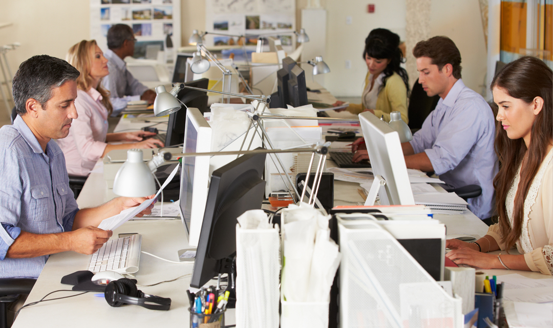 Six people working at desks in an office