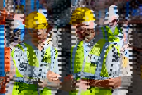 Two people wearing high vis and hard hats discussing information over a clipboard in a warehouse