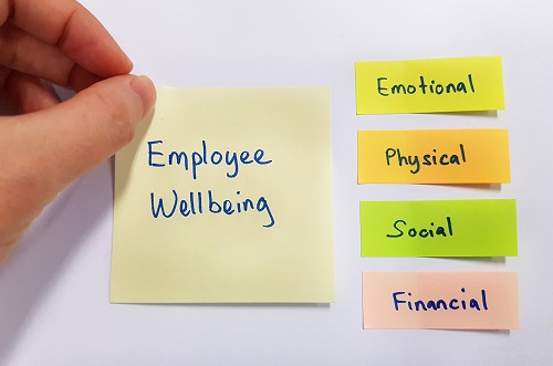 Post it notes with the words: employee wellbeing, emotional, physical, social and financial written on them in blue ink