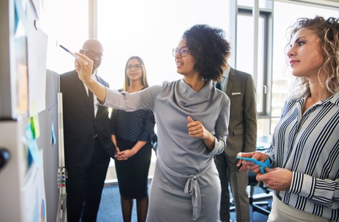 A group of people in an office working together and making notes on a whiteboard